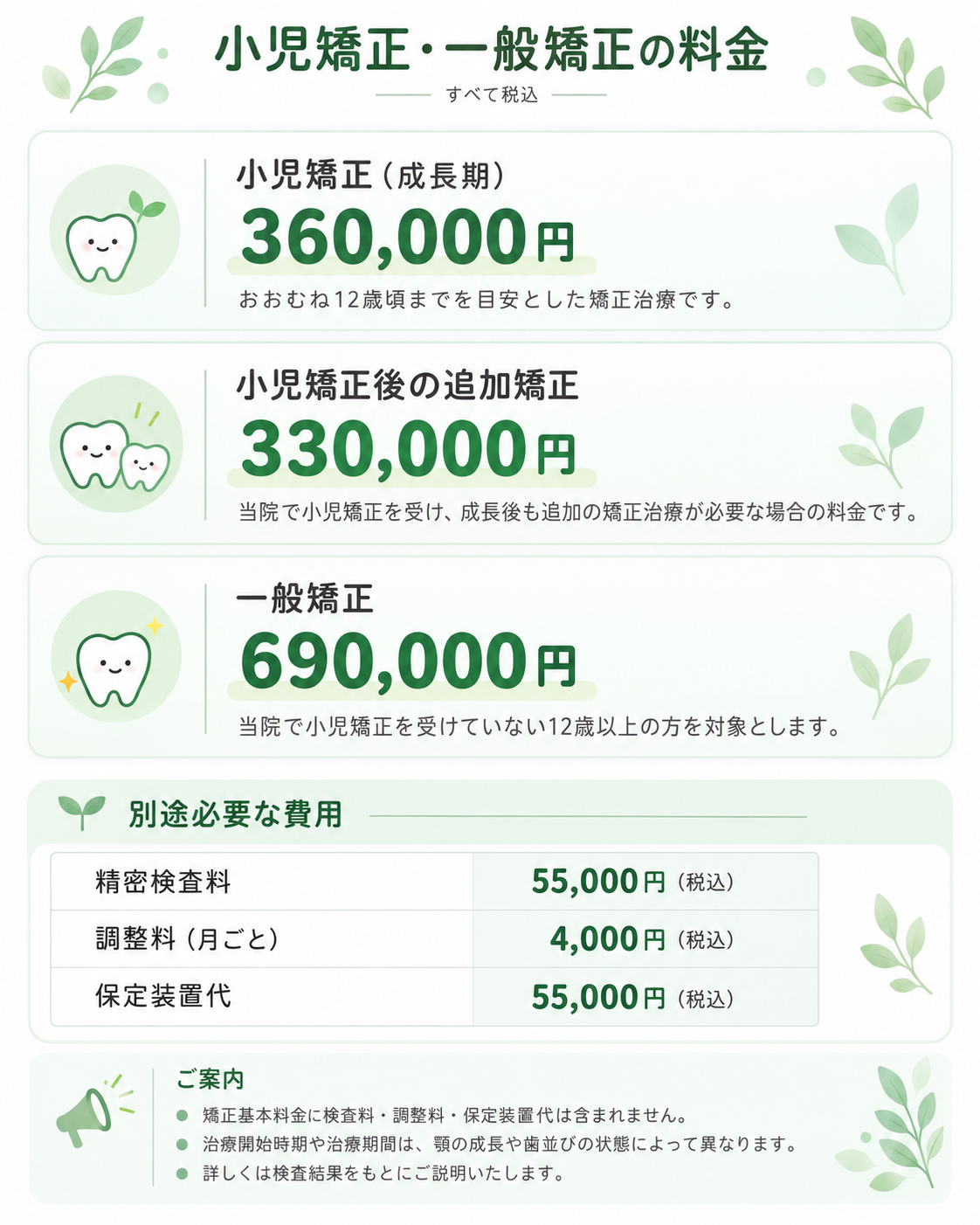 小児矯正・一般矯正の料金表
